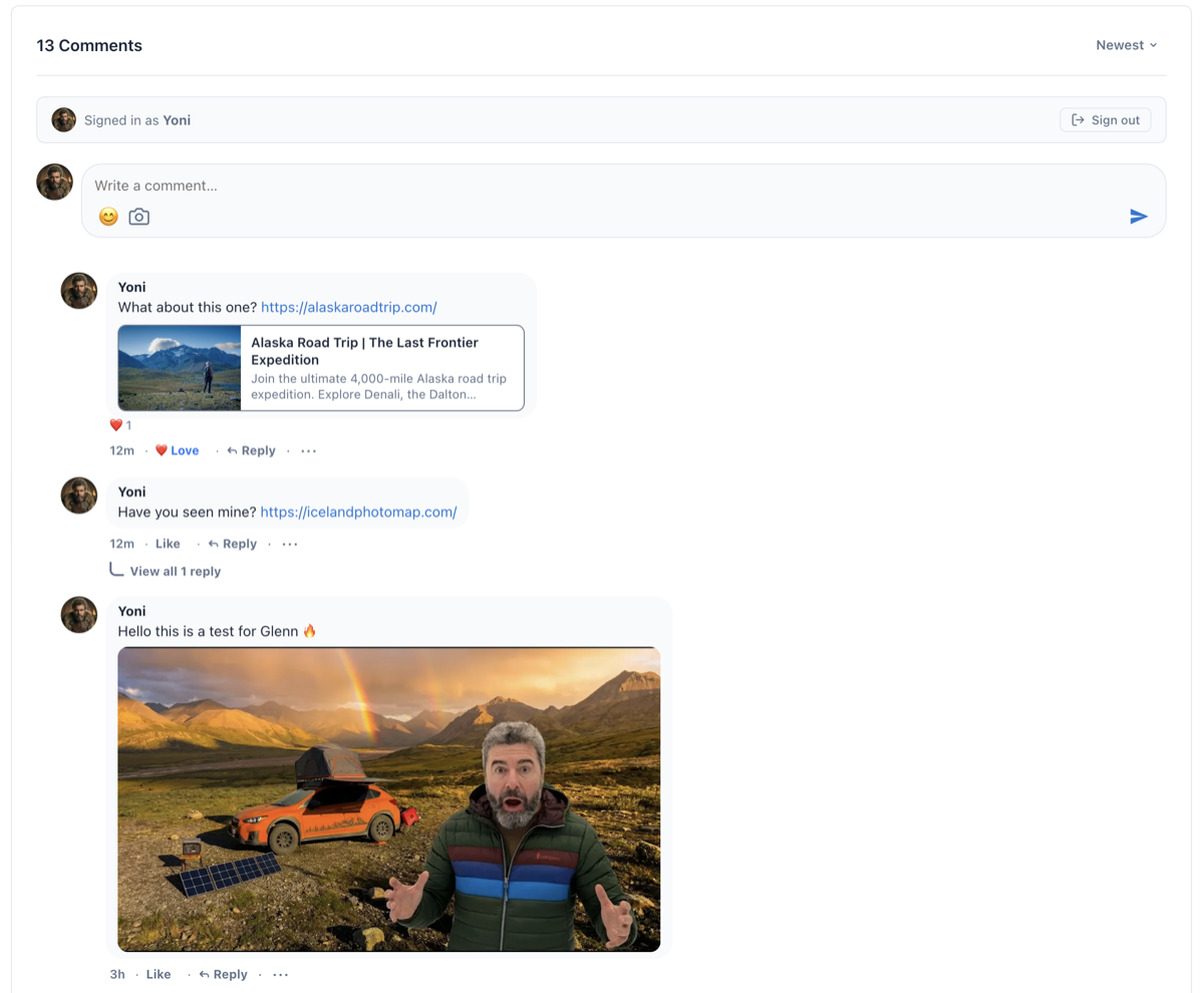 EchoThread comment widget showing threaded comments with reactions, link previews, and image attachments